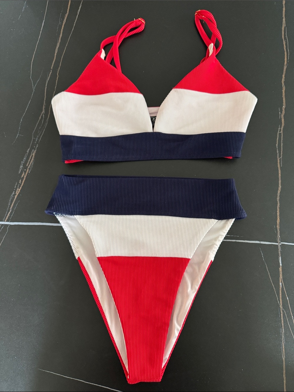 Beach Riot Red White Navy Ribbed Stripe Bikini Set
